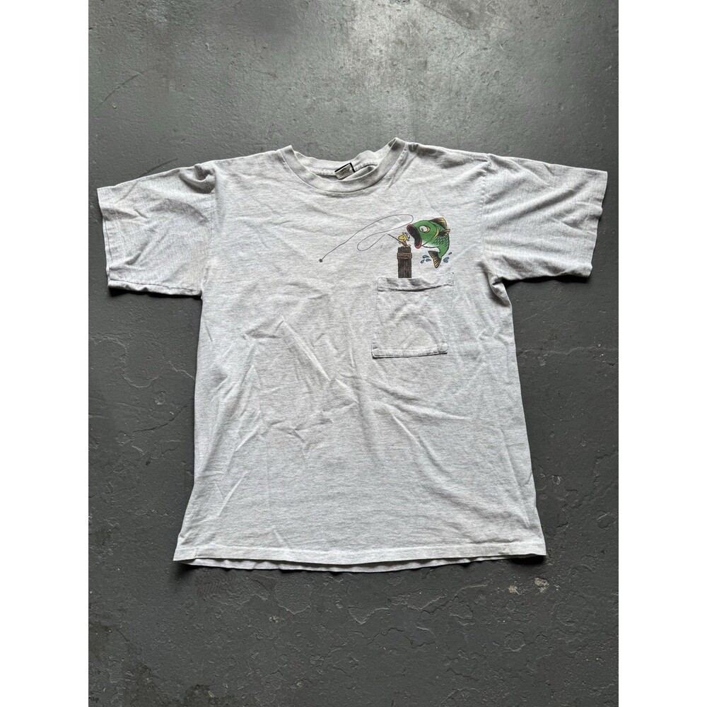 Vintage 90s Peanuts Snoopy Fishing Pocket T Shirt Gray L